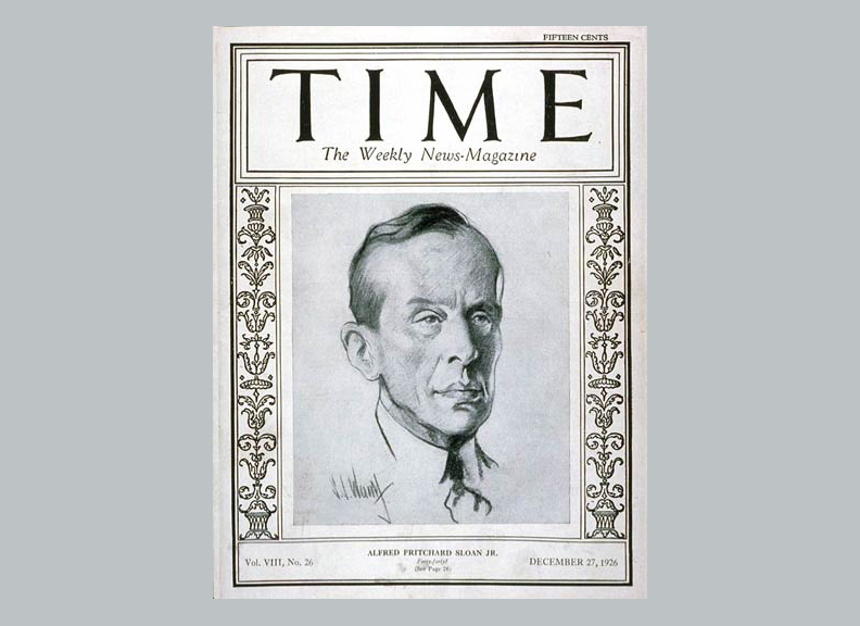 A picture of the Time magazine cover from December 27, 1926 showing Alfred P. Sloan.