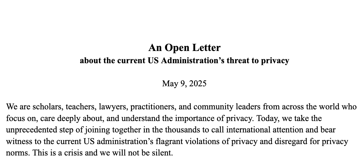 The beginning of an open letter on the threat to privacy posed by the Trump administration.