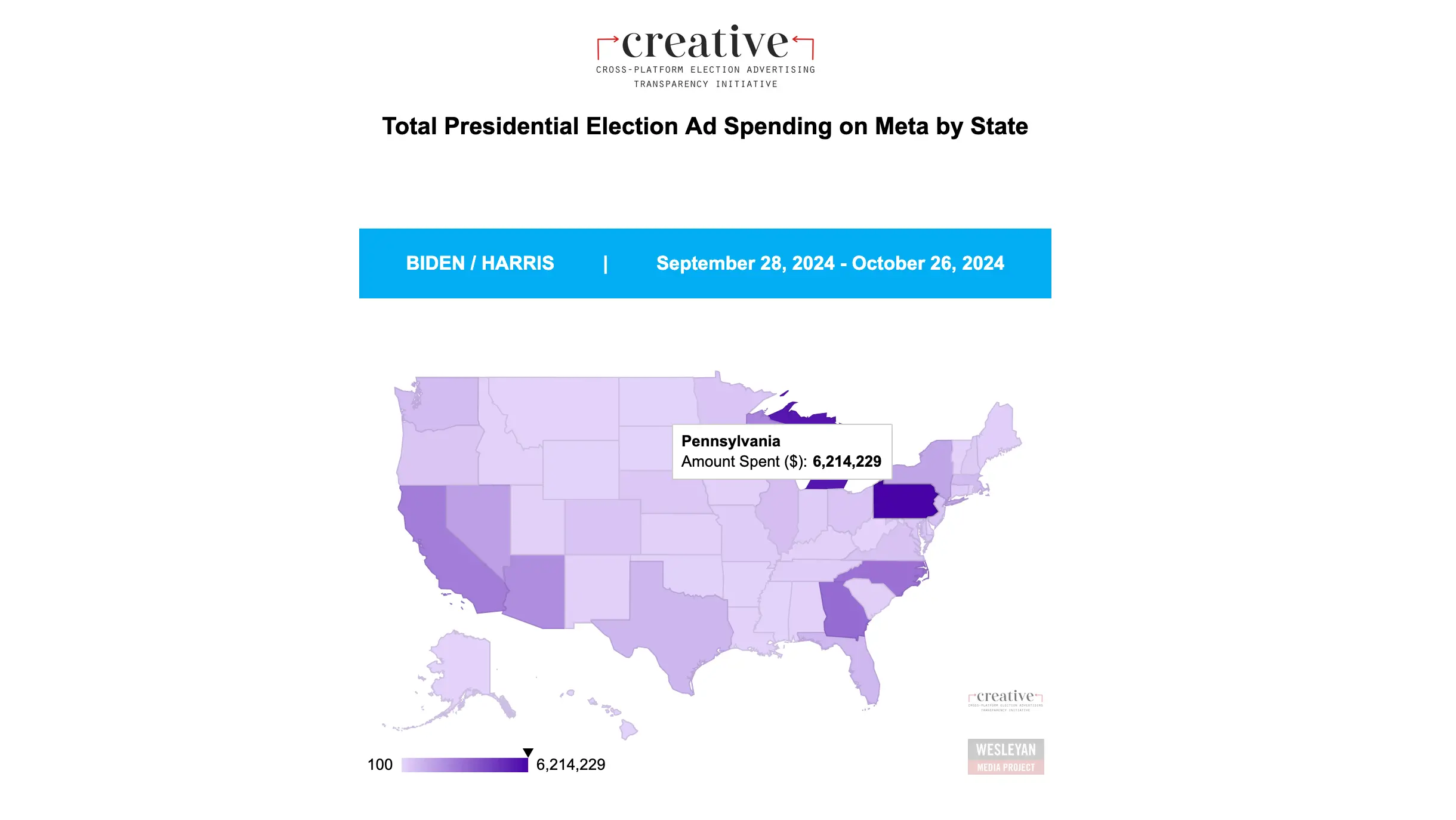 A screenshot of Kelleigh's web app to visualize ection ad spending.