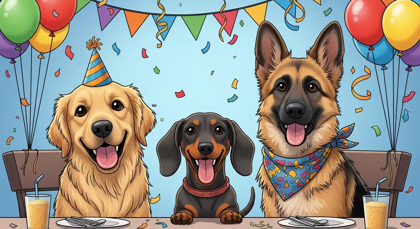 A comic illustration of three dogs sitting at a table celebrating.