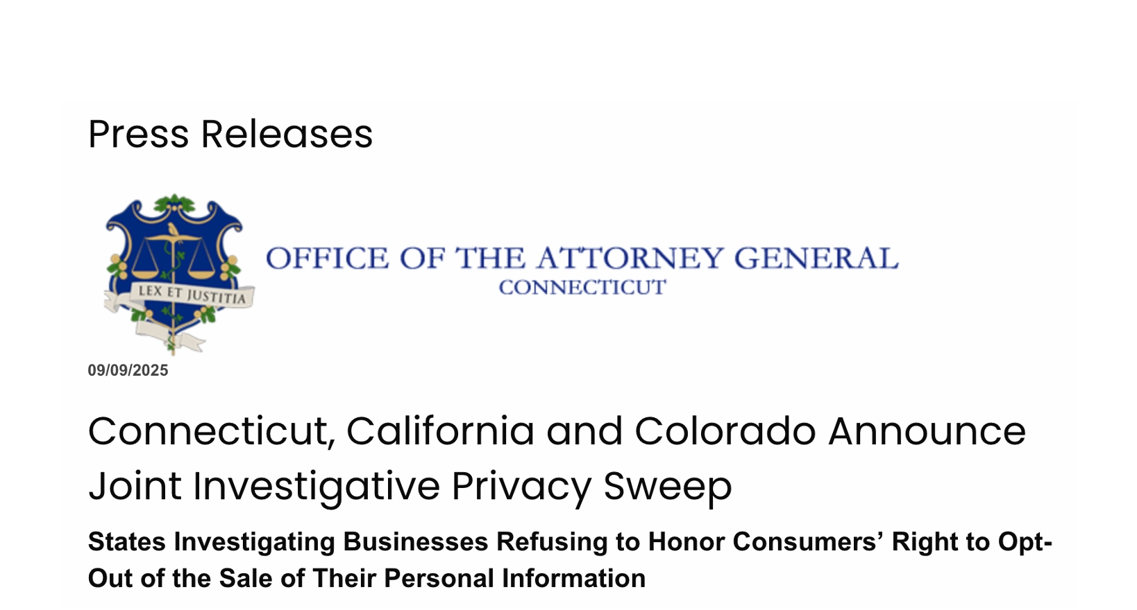 The press release of the CT, CA, and CO attorneys general announcing their opt out enforcmement sweep.