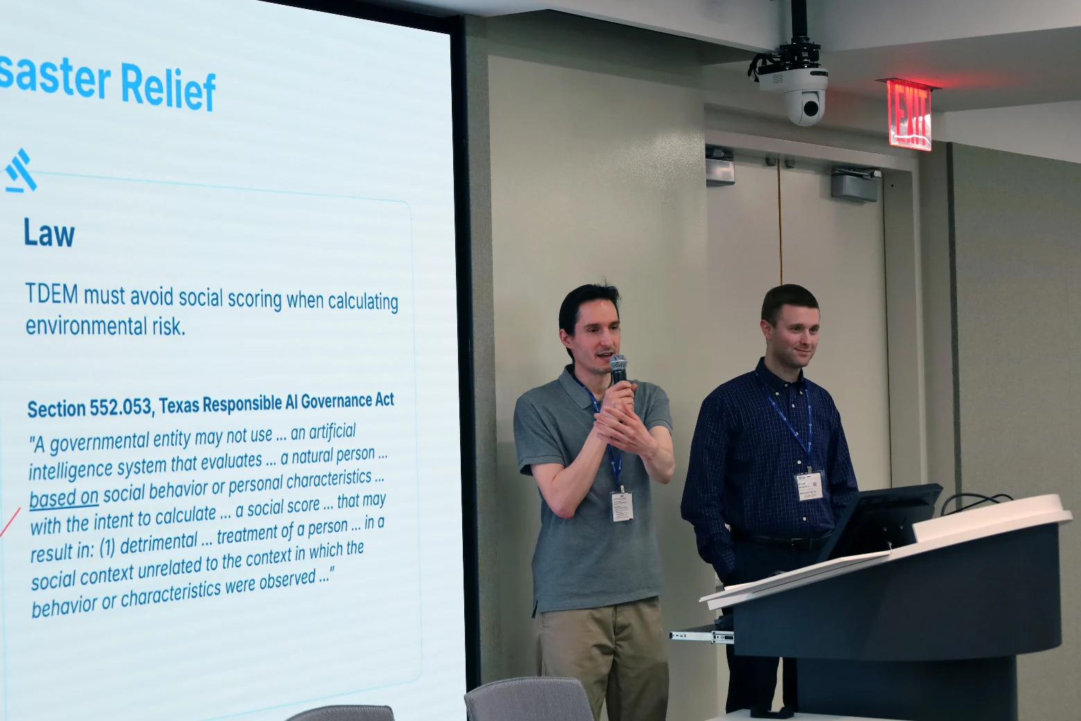 A photo of Sebastian Zimmeck and Michael Morgenthal presenting research at the North East AI Agents Day 2026.
