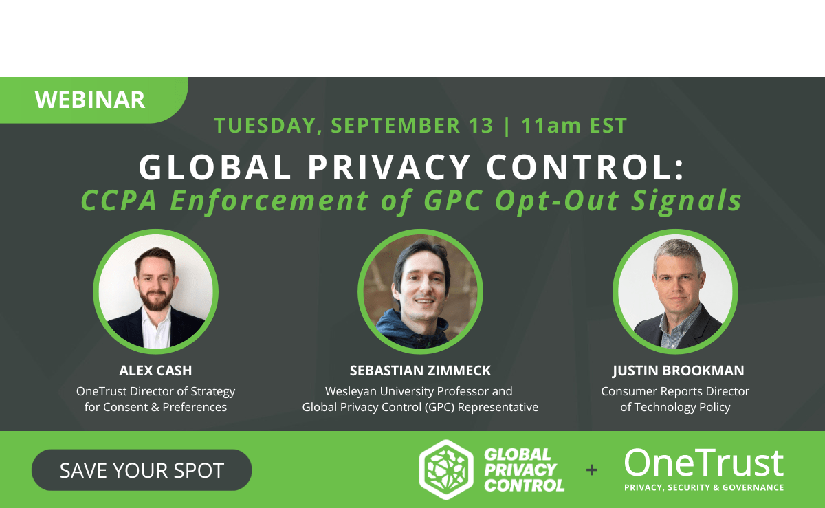 Announcement of OneTrust Webinar on GPC showing pictures of the participants, Alex Cash, Justin Brockman, and Sebastian Zimmeck.