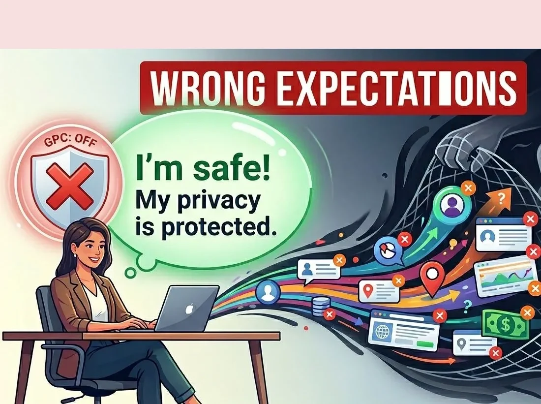 An illustrated image of a woman sitting at a desk having wrong privacy expectations.