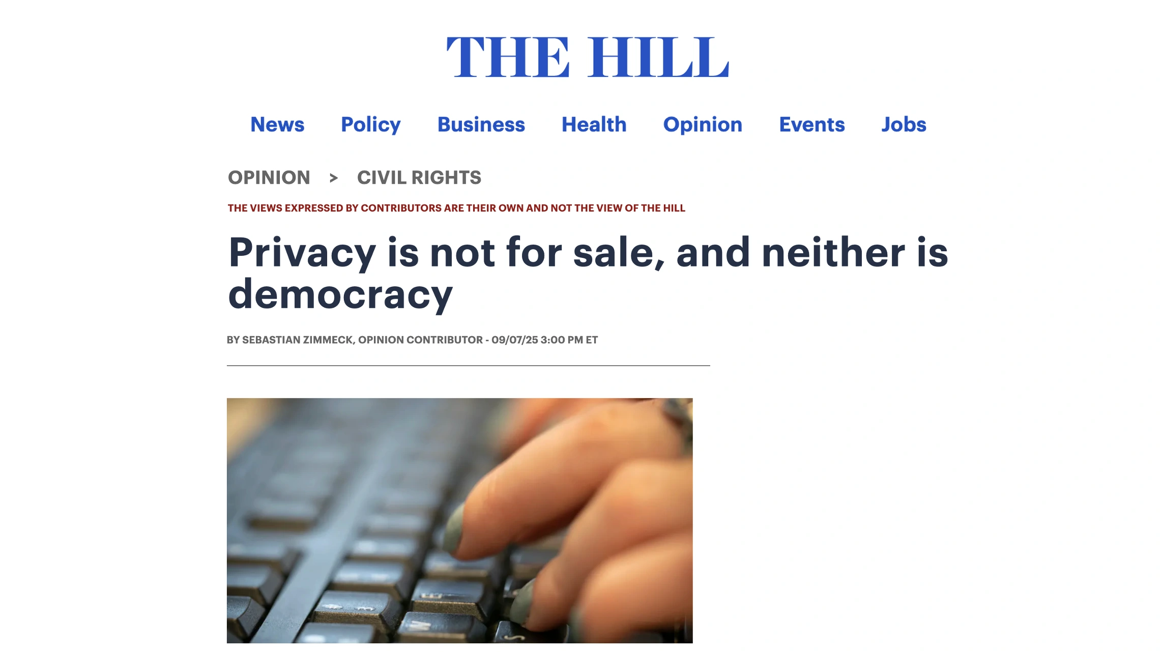 A screenshot of the frontpage of the website The Hill with the article 'Privacy is not for sale, and neither is democracy.'