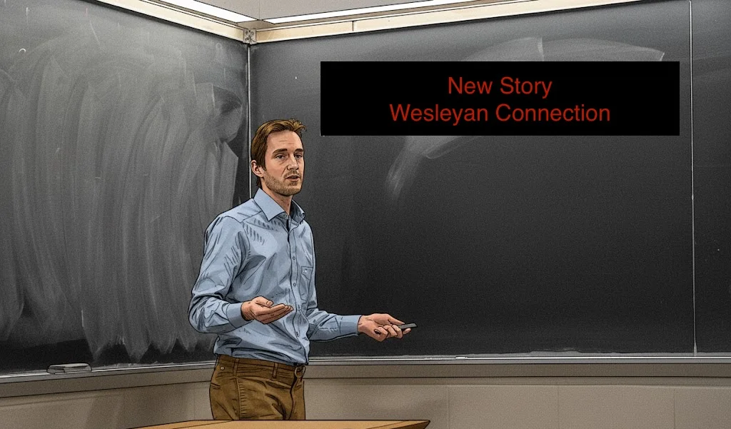 A comic-like image of Sebastian Zimmeck teaching in a classroom at Wesleyan.