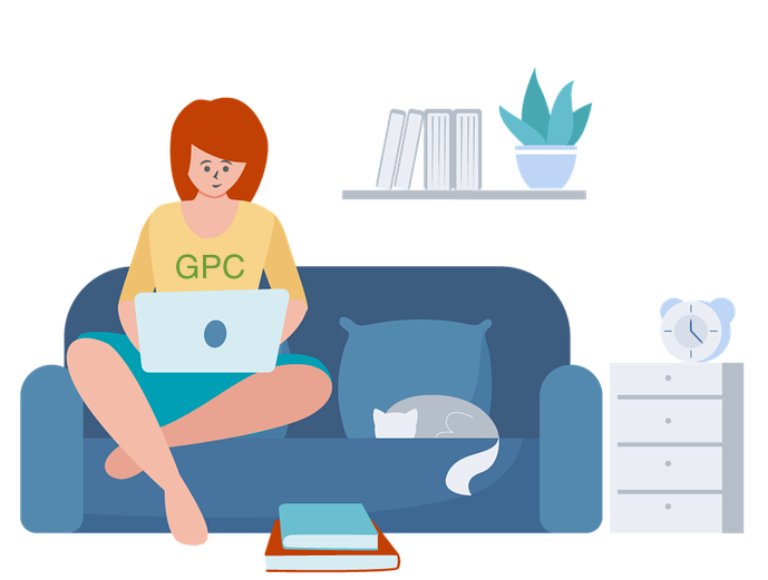An illustration of a woman sitting on a couch with her laptop computer and wearing a Global Privacy Control Shirt.
